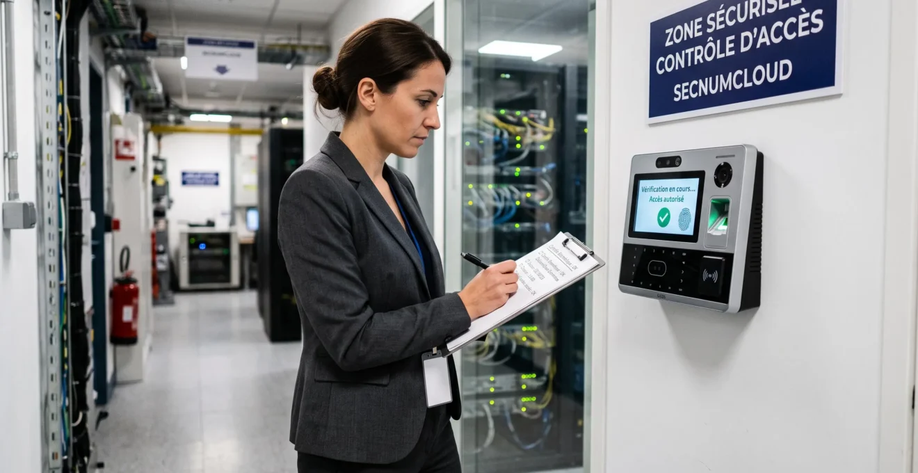Auditeur de conformité vérifiant les systèmes de contrôle d'accès biométrique lors d'un audit de sécurité dans un datacenter certifié français