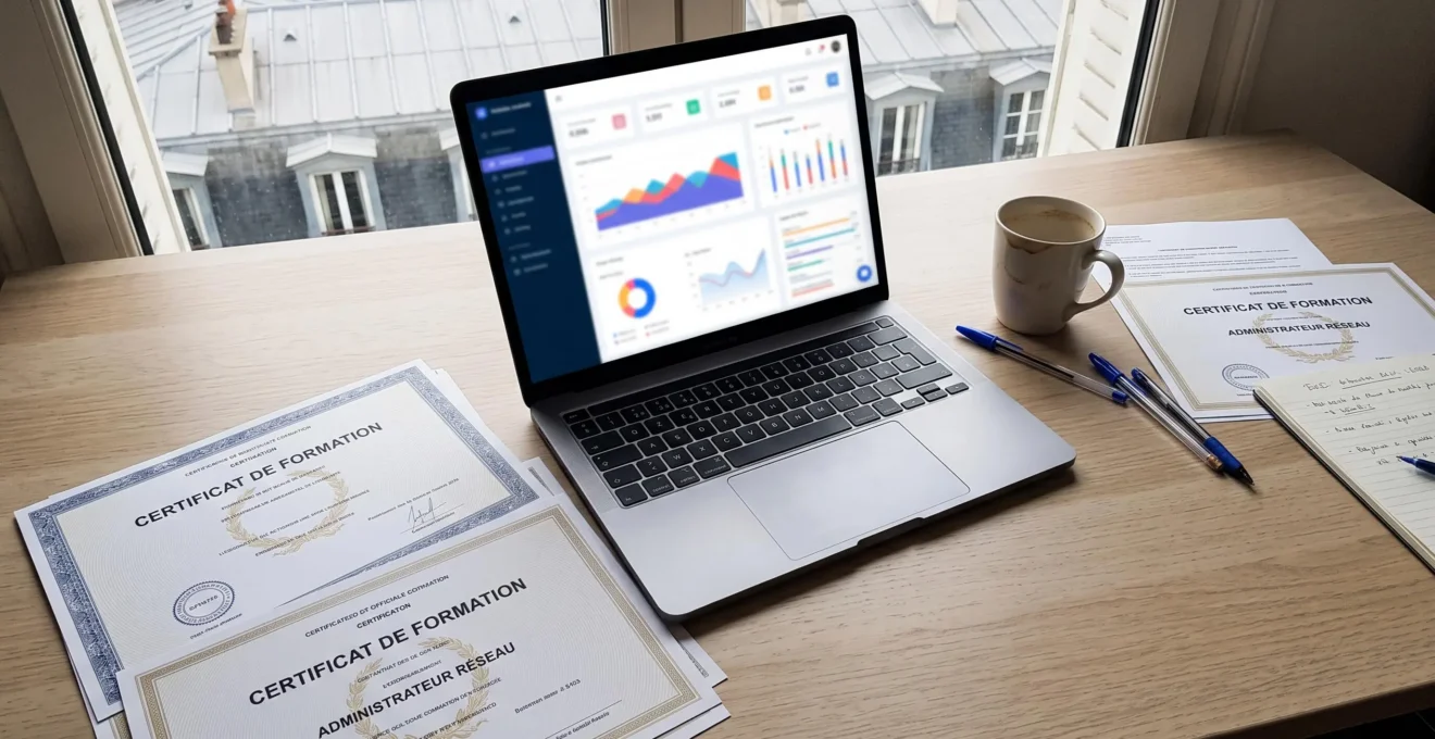 Certificats de formation informatique officiels et interface de portfolio technique disposés sur un bureau professionnel épuré
