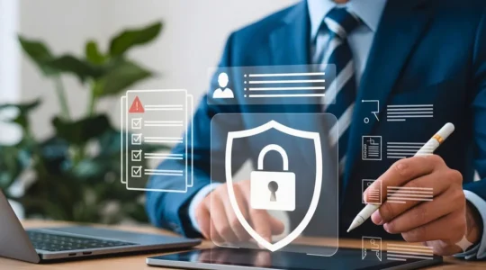 Responsable informatique consultant des dossiers de prestataires IT sur son bureau dans un environnement de travail contemporain parisien avec matériel informatique moderne