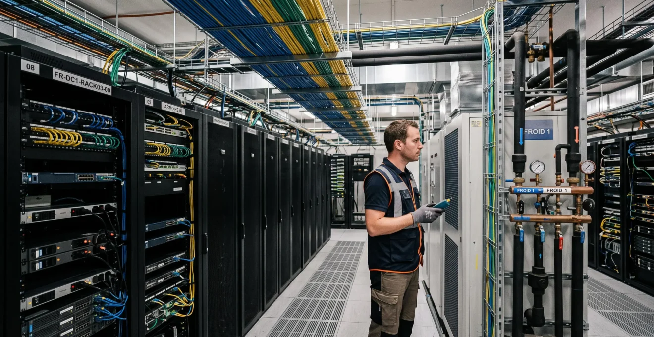 Spécialiste infrastructure inspectant les systèmes de câblage réseau et de refroidissement dans une salle technique de datacenter en France