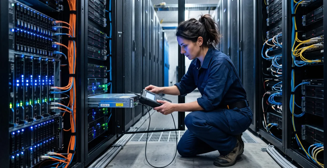 Technicien effectuant un contrôle de maintenance sur des baies de serveurs dans un datacenter français moderne, rangées de serveurs illuminés par des LED bleues