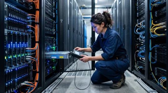 Technicien effectuant un contrôle de maintenance sur des baies de serveurs dans un datacenter français moderne, rangées de serveurs illuminés par des LED bleues